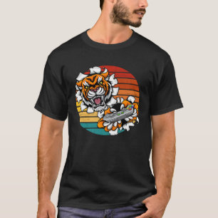 Camiseta Gato Tigre de Jogos de Vídeo Gamer Animal Retro Su