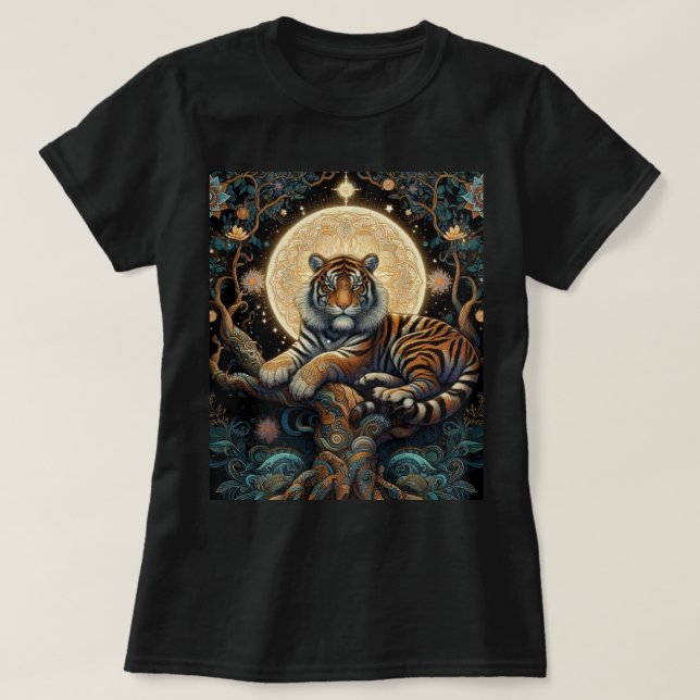 Camiseta Gato Tigre Místico da Selva Preto  (Frente do Design)
