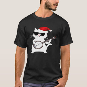 Camiseta Gato Tocando Banjo Chapéu de Papai Noel