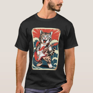 Camiseta Gato Tocando Guitarra Homens Mulheres Distressed R