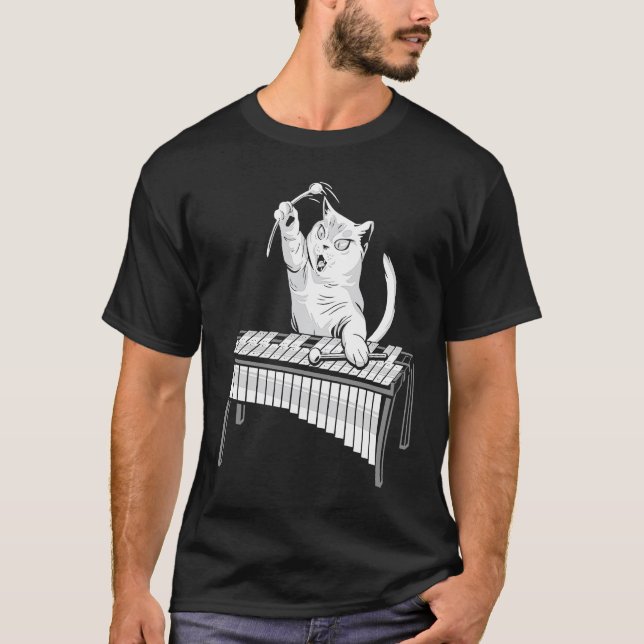 Camiseta Gato Tocando Instrumento Musical de Percussão Xilo (Frente)