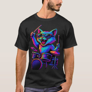 Camiseta Gato Tocando Tambores Usando Óculos de Sol Tambori
