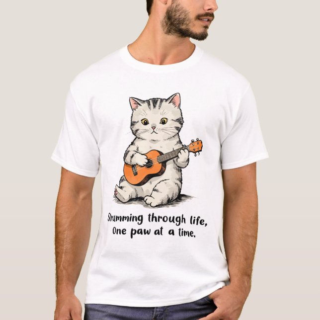 Camiseta Gato tocando um pequeno ukulele (Frente)
