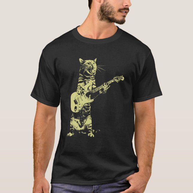 Camiseta Gato tocando violão Engraçado Guitarrista Kitten M (Frente)