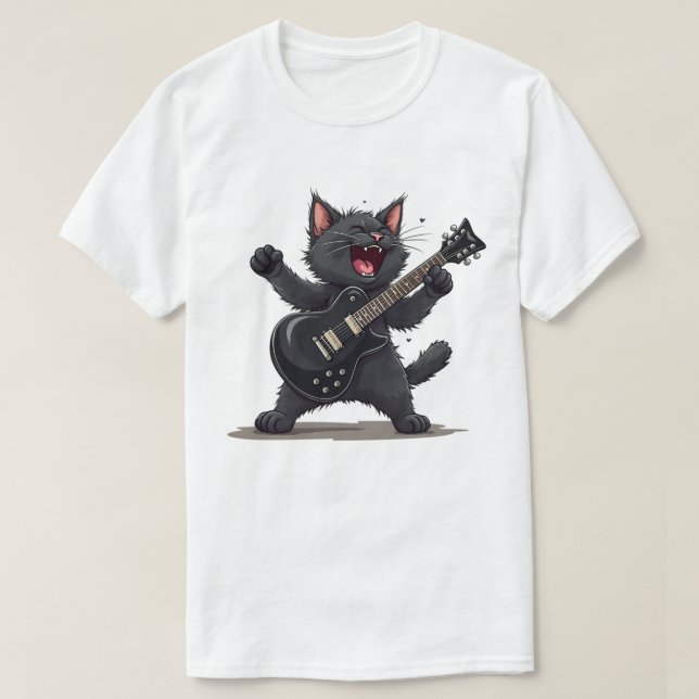Camiseta Gato tocando violão Rock e Roll Rock Star Engraçad (Frente do Design)