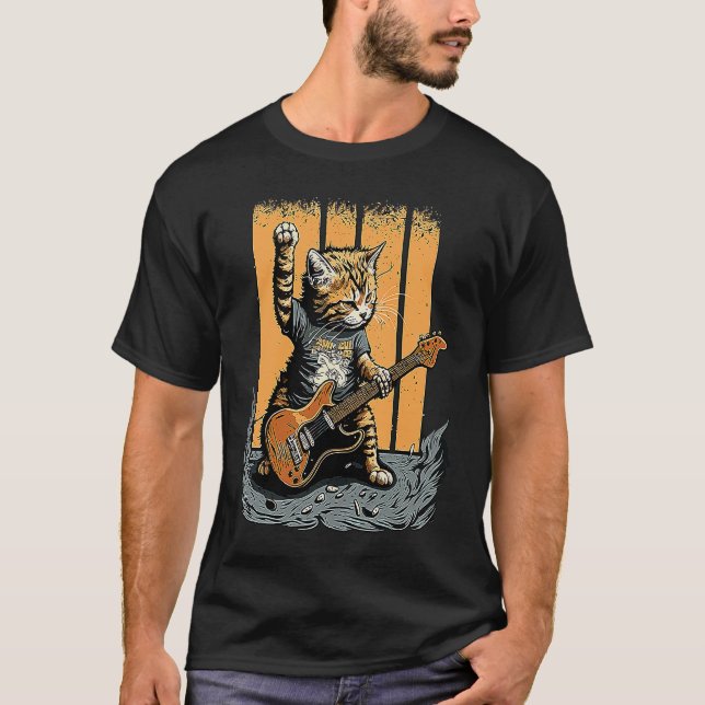 Camiseta Gato Tocando Violão Rock Kitty Cat Baixista  (Frente)