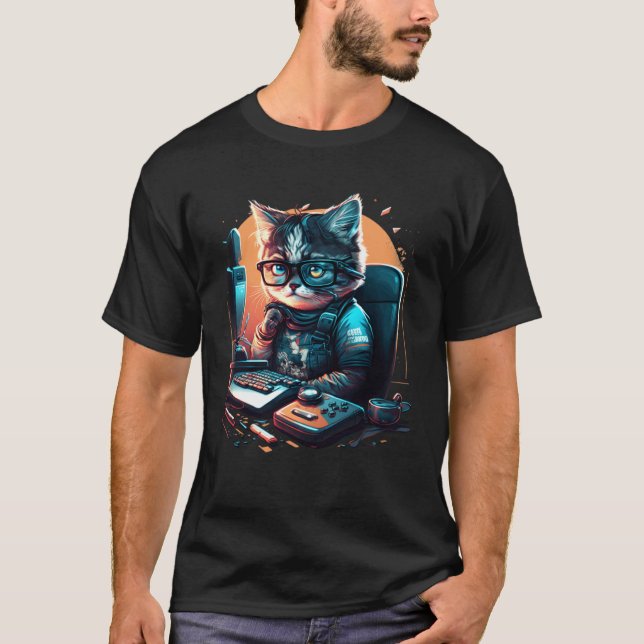 Camiseta Gato Trabalha Em Computadores com óculos gatos fof (Frente)