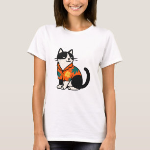 Camiseta Gato Tropical Engraçado Desenho de Férias Havaiano