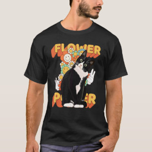 Camiseta Gato Tuxedo Anos 60 70 Flor Floral Sinal de Paz