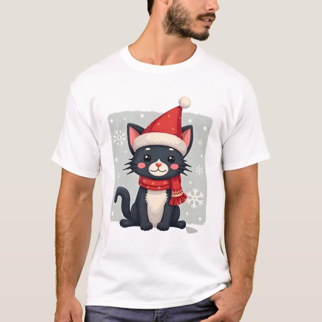 Camiseta Gato Tuxedo de Natal Cachecol Santa Feio Xmas Mulh (Frente)