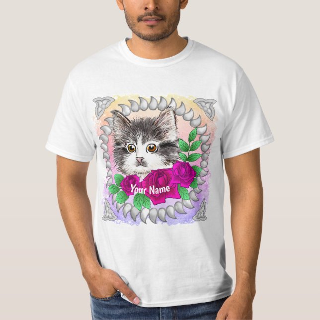 Camiseta Gato Tuxedo de Rosas Cor-de-Rosa  (Frente)