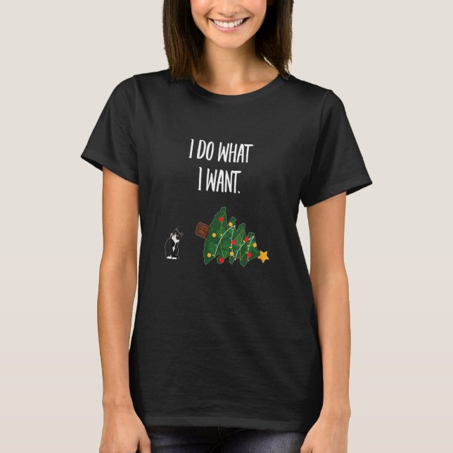 Camiseta Gato Tuxedo Derrubando a Árvore de Natal - Eu Faço (Frente)
