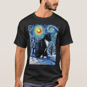 Camiseta Gato Tuxedo Inverno Neve Feriado Noite Estrelada A