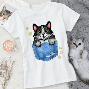 Camiseta Gato Tuxedo no bolso Faux Denim com nome personali
