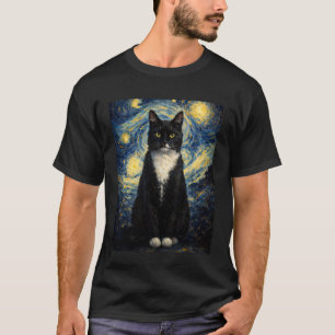 Camiseta Gato Tuxedo Noite Estrelada Pintura Inspirada em V
