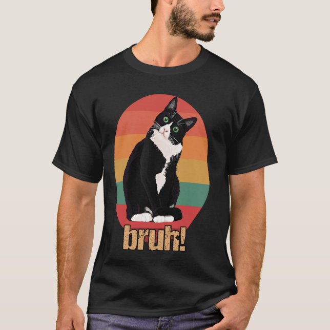 Camiseta Gato Tuxedo Retro Círculo Bruh Dizer Mães Pai (Frente)