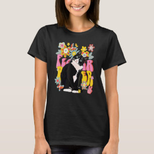 Camiseta Gato Tuxedo Retro Vibe 60s 70s Flores Sinal de Paz
