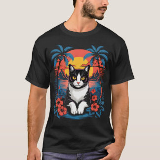 Camiseta Gato Tuxedo Verão Havaiano Tropical Praia