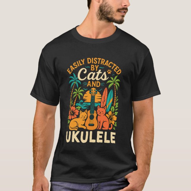Camiseta Gato Uke de Ukulele Havaiano Facilmente Distraído  (Frente)