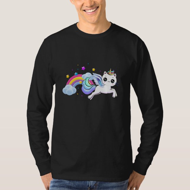 Camiseta Gato Unicórnio Arco-íris Voador Unigat Caticórnio  (Frente)