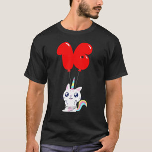 Camiseta Gato Unicórnio Fofo 16º Aniversário Balão de C