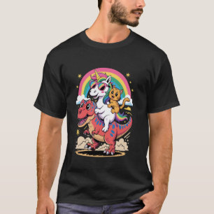 Camiseta Gato Unicórnio Montando Dinossauro T rex Gatinho A