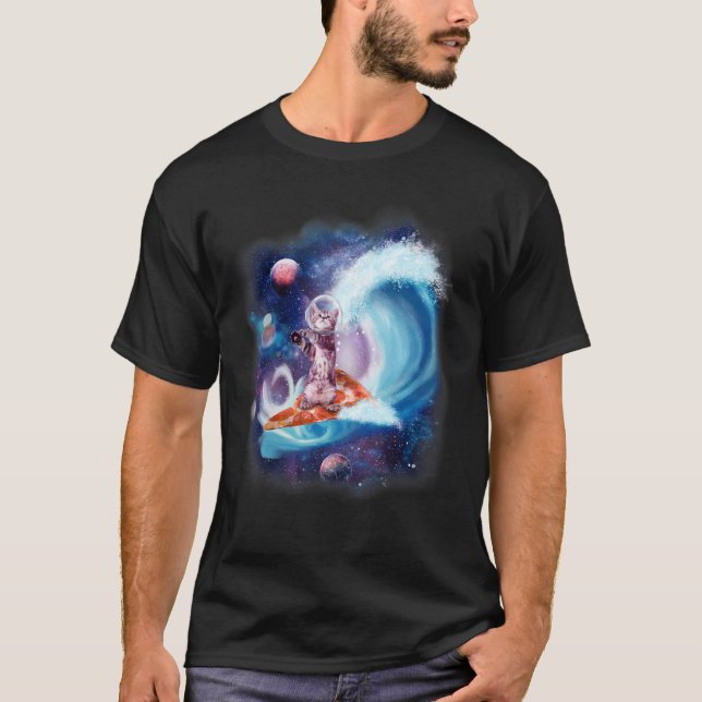 Camiseta Gato Usando Capacete Surfando Em Prancha De Pizza  (Frente)