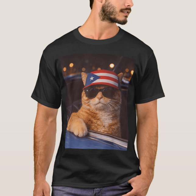 Camiseta Gato Usando Óculos de Sol com Chapéu da Bandeira d (Frente)