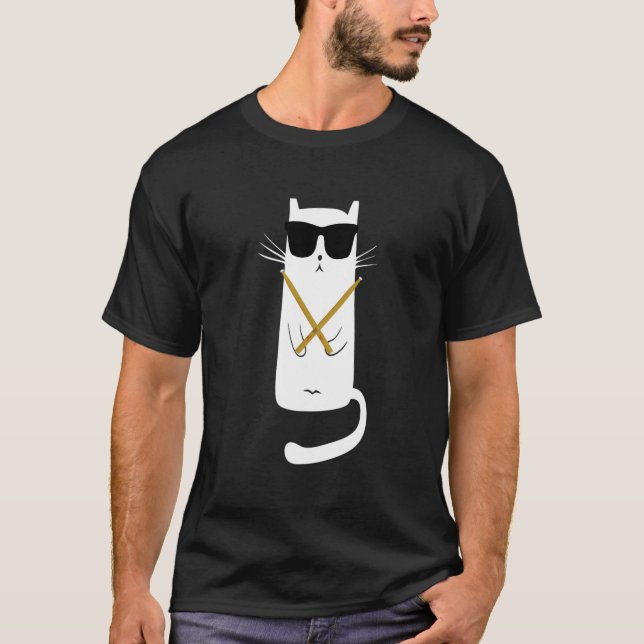 Camiseta Gato Usando Óculos de Sol Tocando Bateria Baterist (Frente)