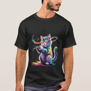 Camiseta Gato Usando Óculos de Sol Tocando Flauta