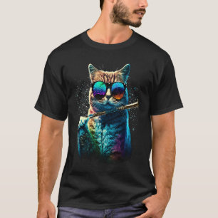 Camiseta Gato Usando Óculos de Sol Tocando Flauta Colorido