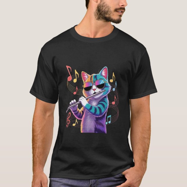 Camiseta Gato Usando Óculos de Sol Tocando Flauta Gato Colo (Frente)