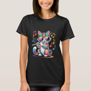 Camiseta Gato Usando Óculos de Sol Tocando Flauta Gato Colo