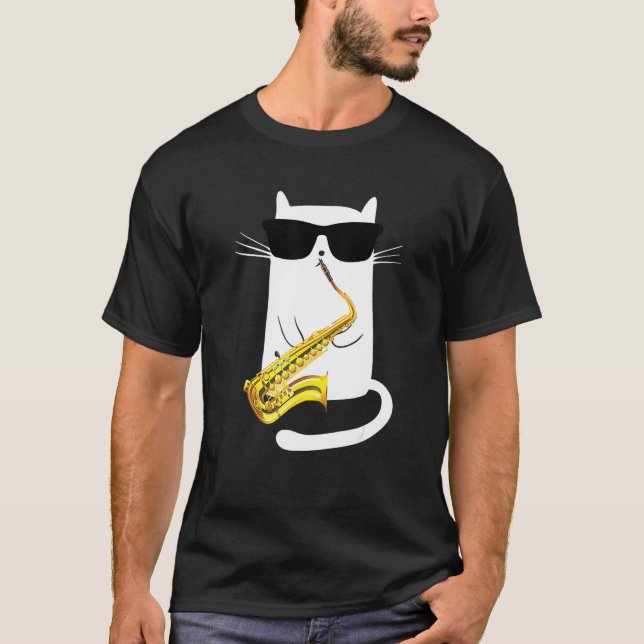 Camiseta Gato Usando Óculos de Sol Tocando Saxofone (Frente)