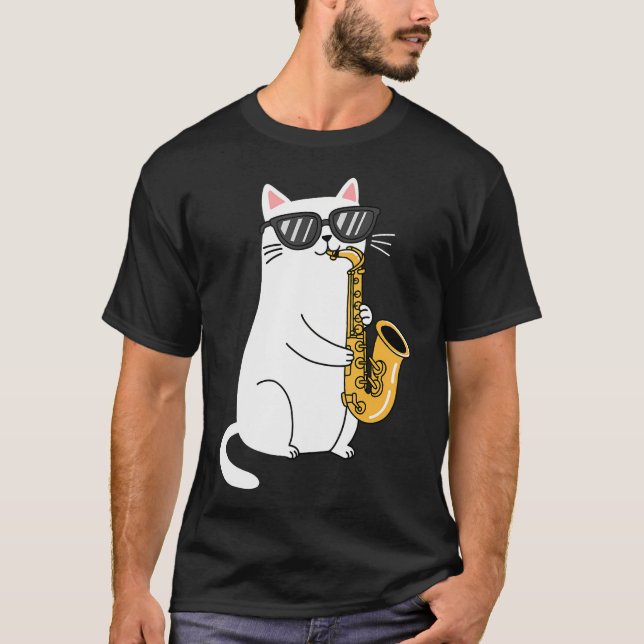 Camiseta Gato Usando Óculos de Sol Tocando Saxofone (Frente)
