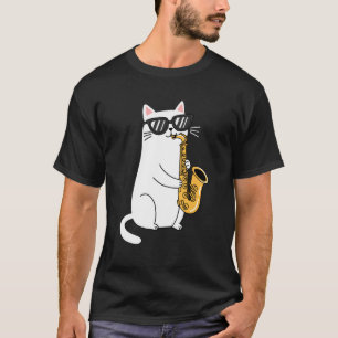 Camiseta Gato Usando Óculos de Sol Tocando Saxofone Saxofon
