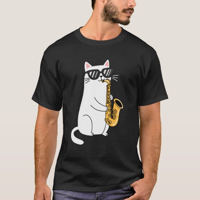 Camiseta Gato Usando Óculos de Sol Tocando Saxofone Saxofon (Frente)