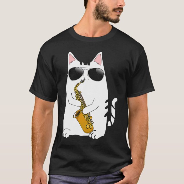 Camiseta Gato Usando Óculos de Sol Tocando Saxofone Saxofon (Frente)
