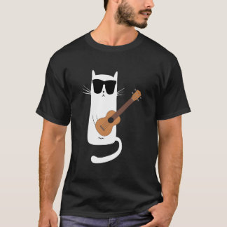 Camiseta Gato Usando Óculos de Sol Tocando Ukulele