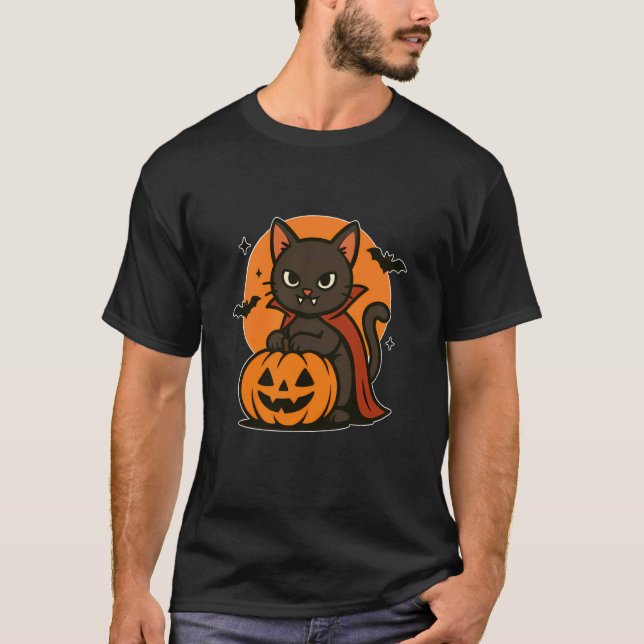 Camiseta Gato Vampiro com Lua de Abóbora (Frente)
