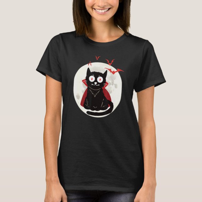 Camiseta Gato Vampiro de Halloween Lua Cheia Morcegos  An d (Frente)