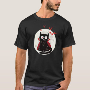 Camiseta Gato Vampiro de Halloween Morcegos Lua Cheia Ani d