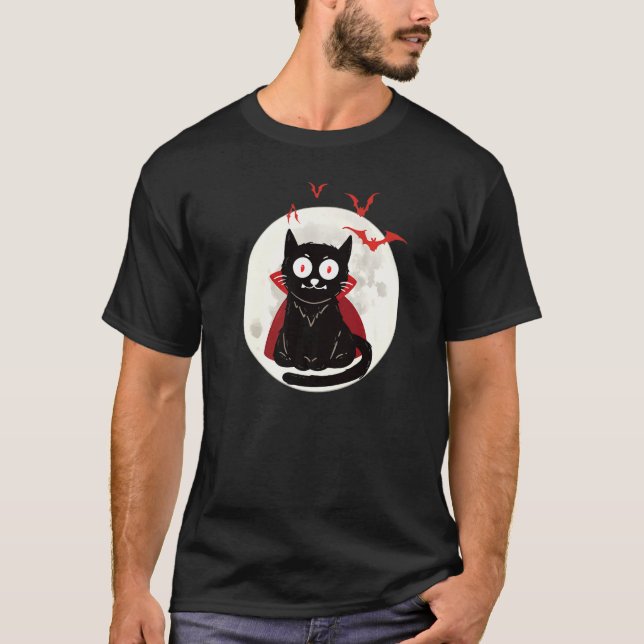 Camiseta Gato Vampiro de Halloween Morcegos Lua Cheia Ani d (Frente)