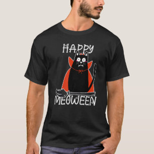 Camiseta Gato Vampiro Preto Num Halloween De Vassoura Para