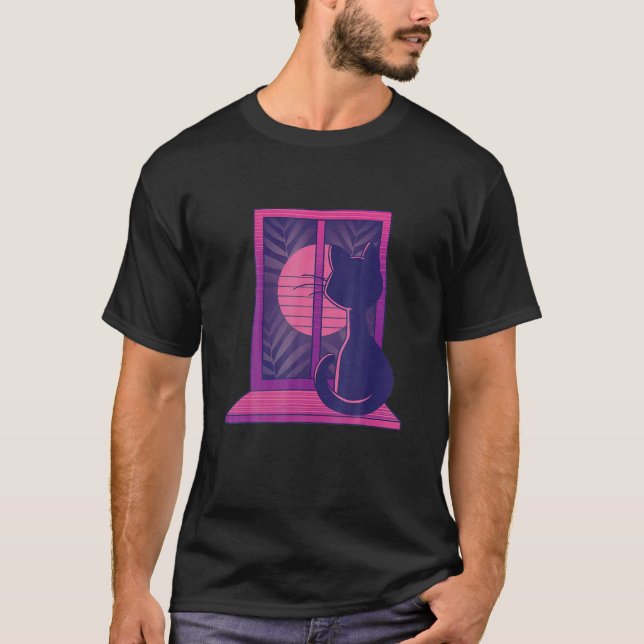 Camiseta Gato Vaporwave Lua Gatinho Janela Gráfico (Frente)