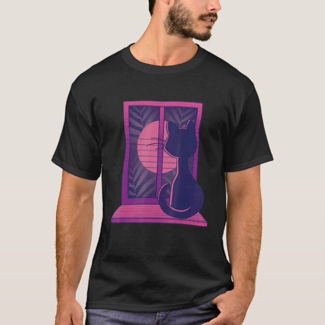 Camiseta Gato Vaporwave Lua Gatinho Janela Gráfico (Frente)