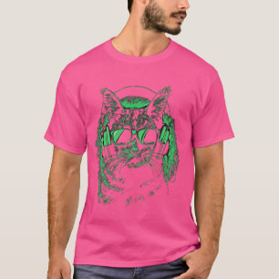 Camiseta Gato Verde DJ Com Fones de ouvido E Óculos De Sol 