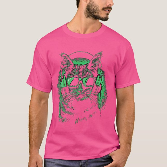 Camiseta Gato Verde DJ Com Fones de ouvido E Óculos De Sol  (Frente)