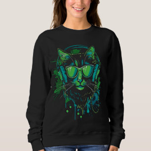 Camiseta Gato Verde DJ Com Fones de ouvido E Óculos De Sol
