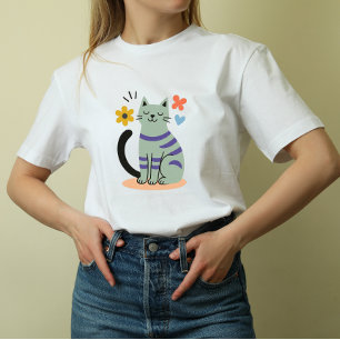 Camiseta Gato Verde Salvia Boho Floral Arte Mid Century